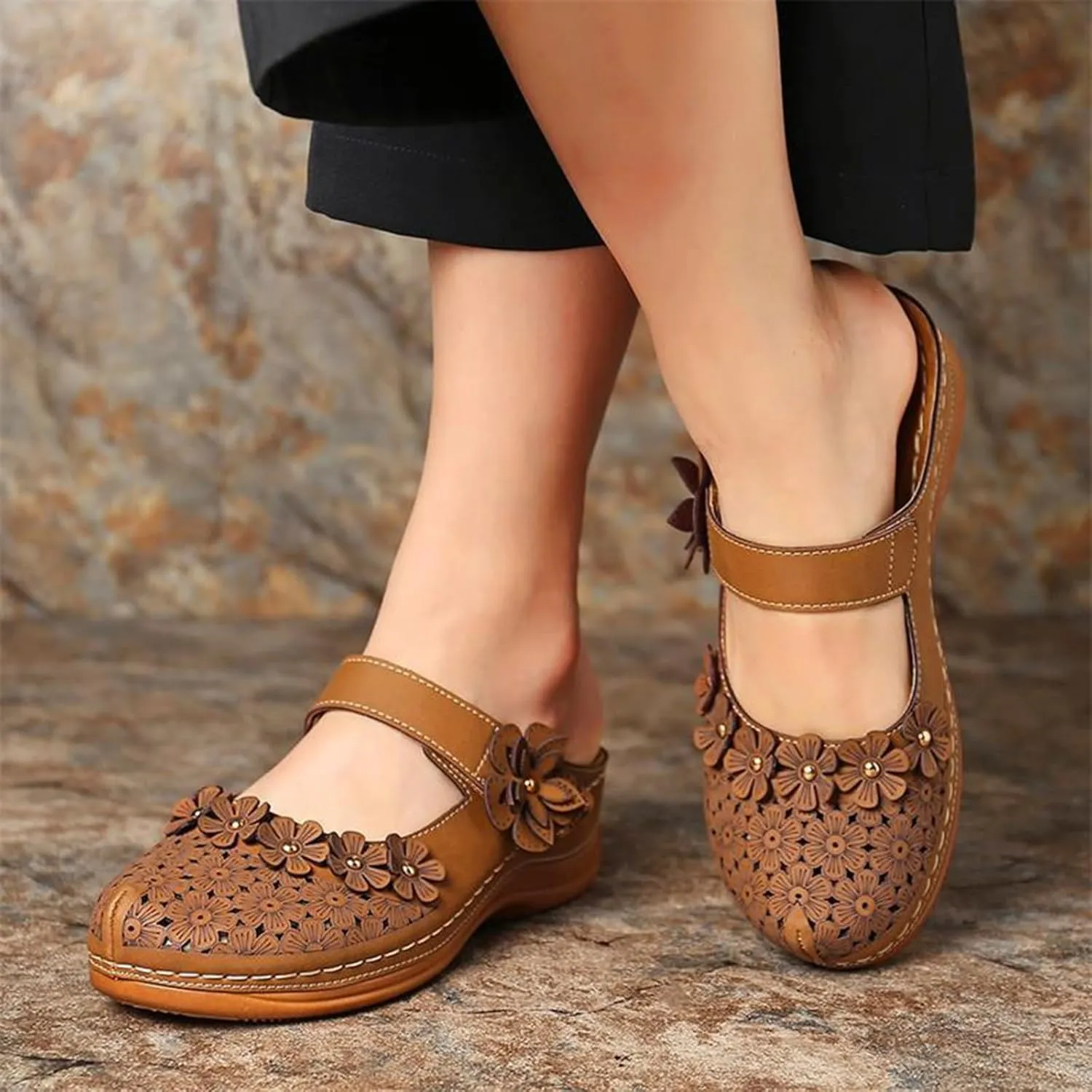 Wedge Sandals for Women Dressy Comfortable Summer Platform Orthopedic Sandals, Closed Toe Flower Strap Walking Slippers Sandal Hollow Out Breathable Walking Shoes with Arch Support