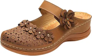 Wedge Sandals for Women Dressy Comfortable Summer Platform Orthopedic Sandals, Closed Toe Flower Strap Walking Slippers Sandal Hollow Out Breathable Walking Shoes with Arch Support