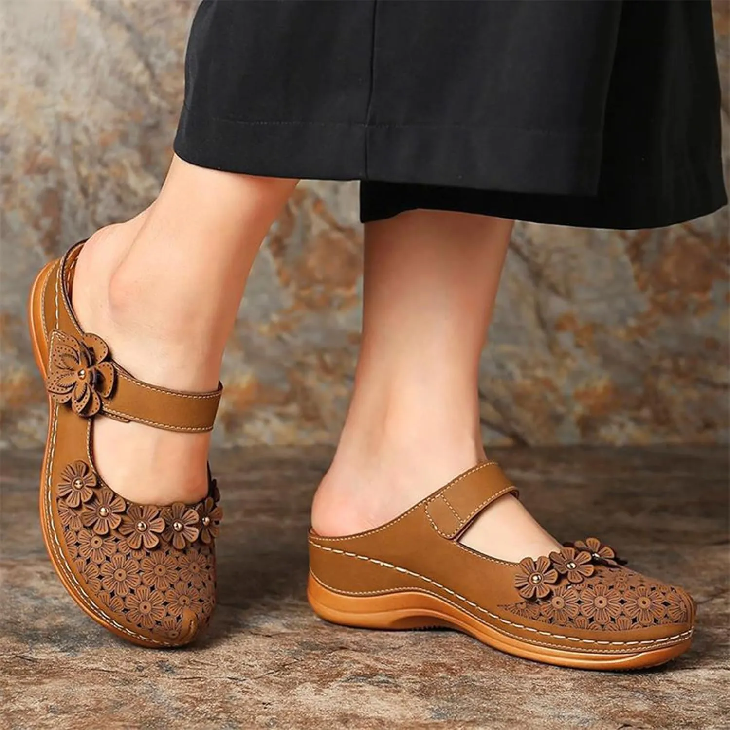 Wedge Sandals for Women Dressy Comfortable Summer Platform Orthopedic Sandals, Closed Toe Flower Strap Walking Slippers Sandal Hollow Out Breathable Walking Shoes with Arch Support
