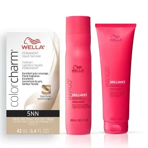 Wella Professionals Invigo Brilliance Color Protection Shampoo & Conditioner, For Fine Hair   Wella ColorCharm Permanent Liquid Hair Color for Gray Coverage, 5NN Intense Light Brown
