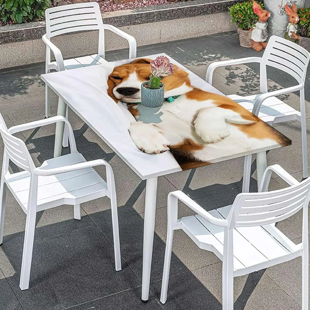 White Brown Rectangle Tablecloth, English Bulldog Puppy Resting Rectangle Table Cover for Outdoor Picnic Camping Parties Dog Lover Decor Fits up 4 Foot Tables