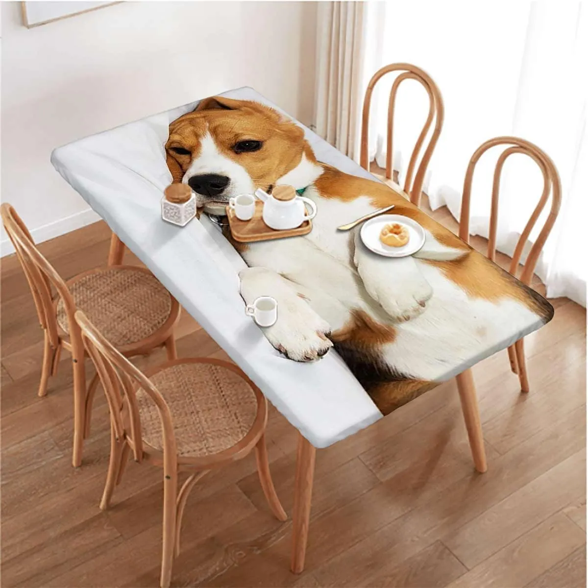 White Brown Rectangle Tablecloth, English Bulldog Puppy Resting Rectangle Table Cover for Outdoor Picnic Camping Parties Dog Lover Decor Fits up 4 Foot Tables