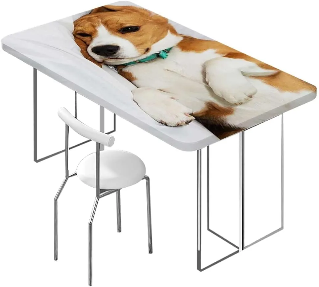 White Brown Rectangle Tablecloth, English Bulldog Puppy Resting Rectangle Table Cover for Outdoor Picnic Camping Parties Dog Lover Decor Fits up 4 Foot Tables