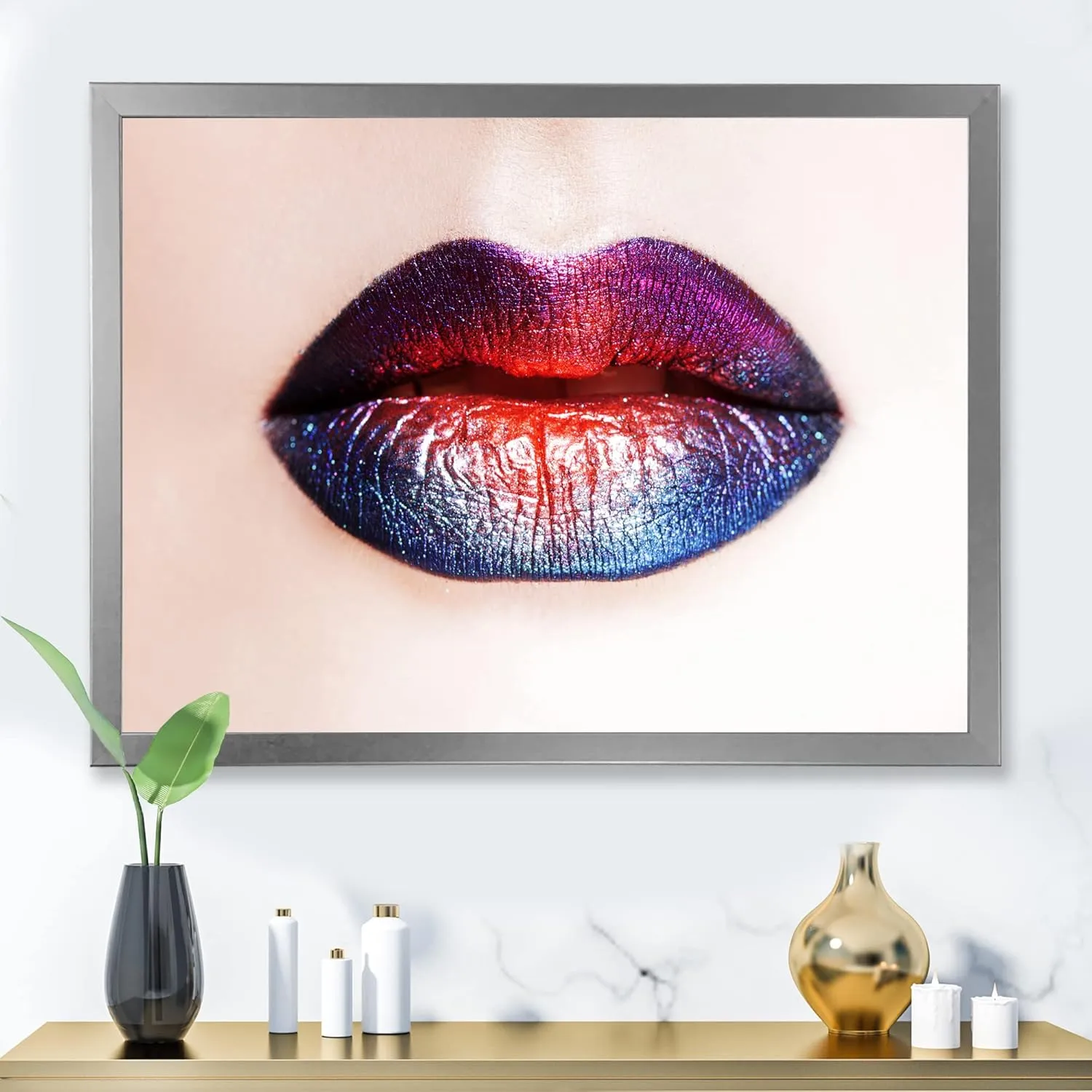 Women Lips With Bright Multicolored Lipstick Modern Framed Wall Art
