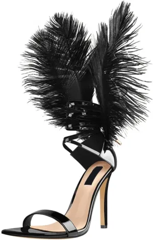 Women's Black Feather Stiletto Sandals - 10CM High Heels, Pointed Toe Party Shoes