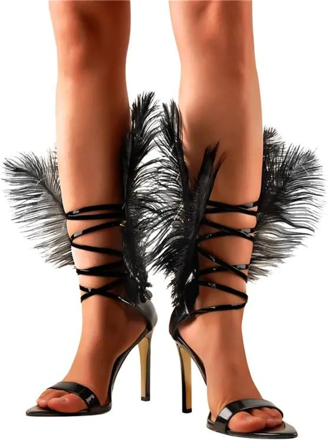 Women's Black Feather Stiletto Sandals - 10CM High Heels, Pointed Toe Party Shoes