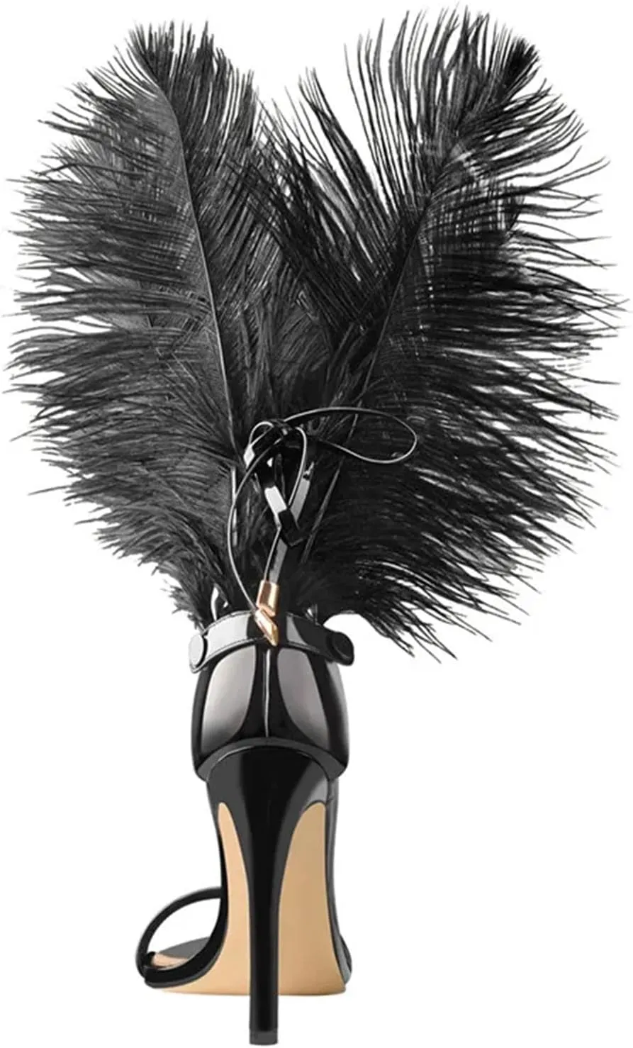 Women's Black Feather Stiletto Sandals - 10CM High Heels, Pointed Toe Party Shoes