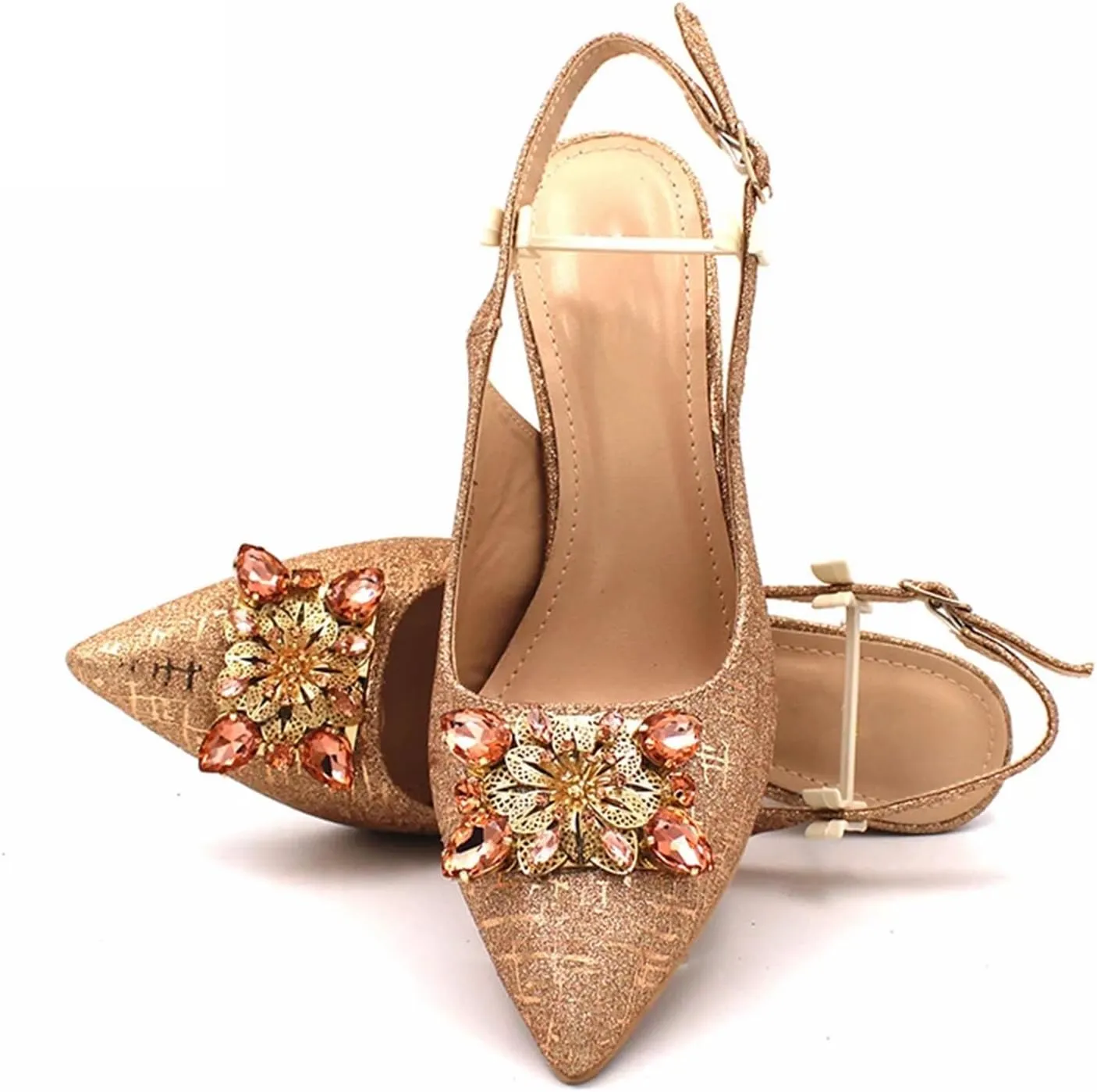 Women's Champagne Nigerian Bridal Set - Pointed Toe Pumps & Crystal Clutch for Duty-Free Luxury Events