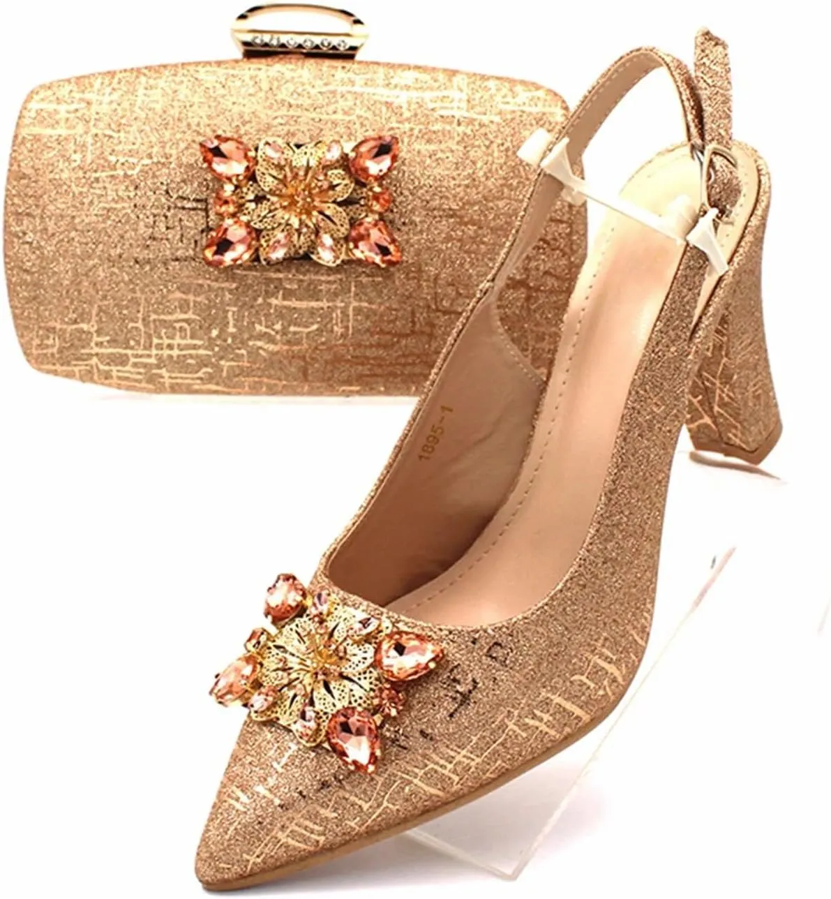 Women's Champagne Nigerian Bridal Set - Pointed Toe Pumps & Crystal Clutch for Duty-Free Luxury Events
