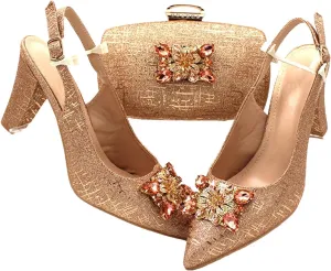 Women's Champagne Nigerian Bridal Set - Pointed Toe Pumps & Crystal Clutch for Duty-Free Luxury Events