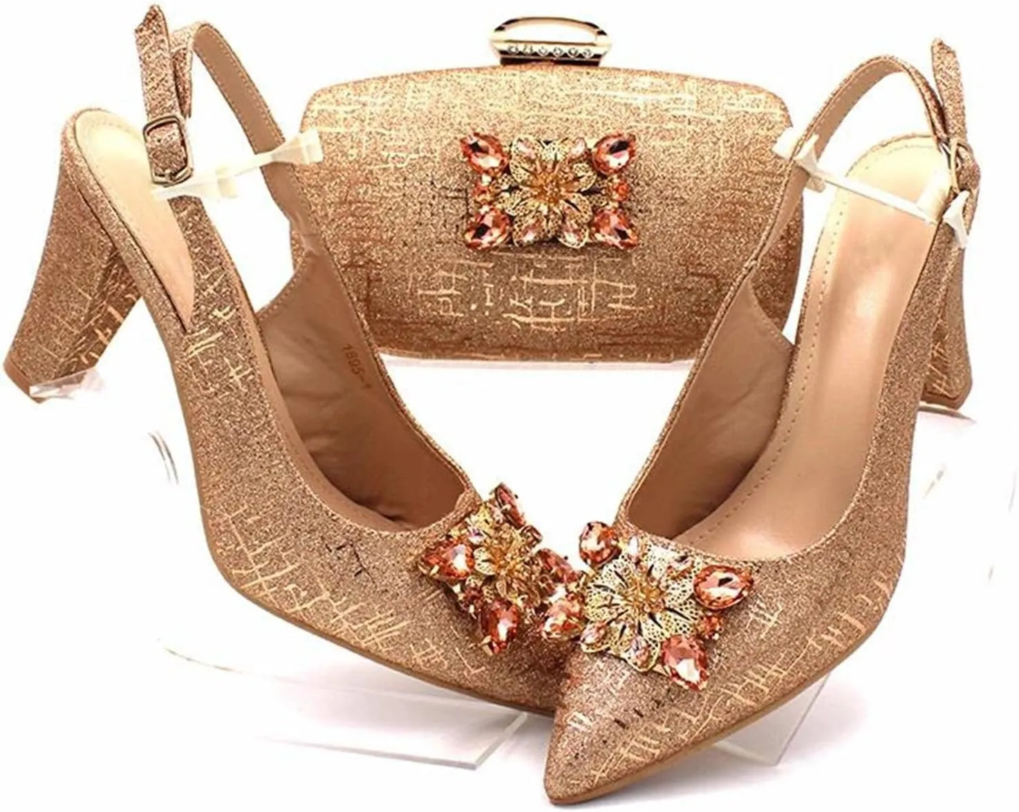 Women's Champagne Nigerian Bridal Set - Pointed Toe Pumps & Crystal Clutch for Duty-Free Luxury Events