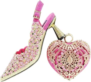 Women's Rhinestone Italian High Heels & Heart Clutch - Elegant Party Set