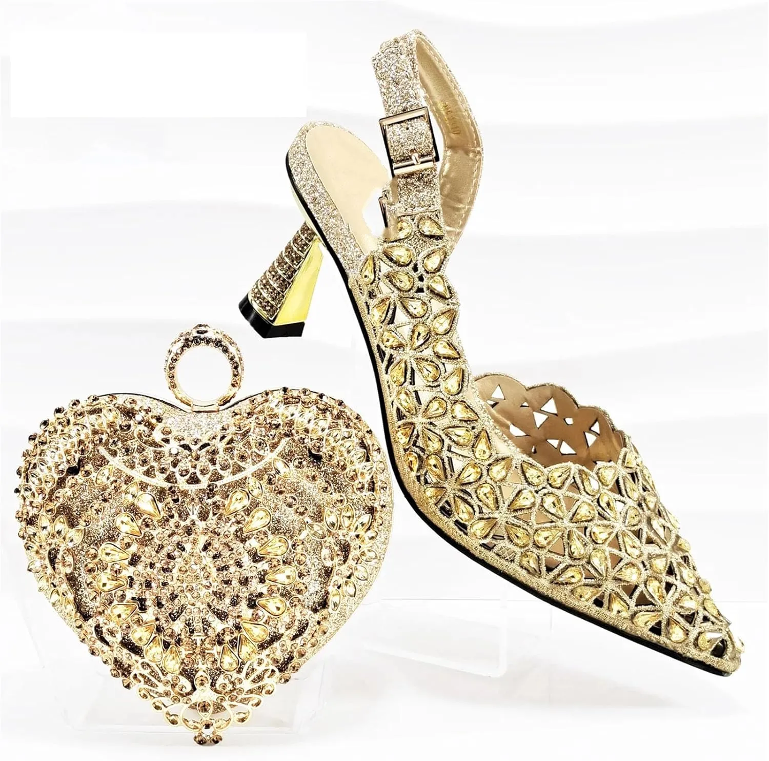 Women's Rhinestone Italian High Heels & Heart Clutch - Elegant Party Set