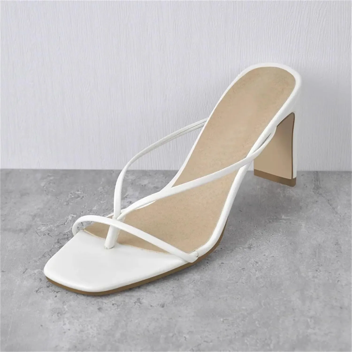 Women's Square Toe White Matte Chunky Sandals - Big Size Slip On High Heels
