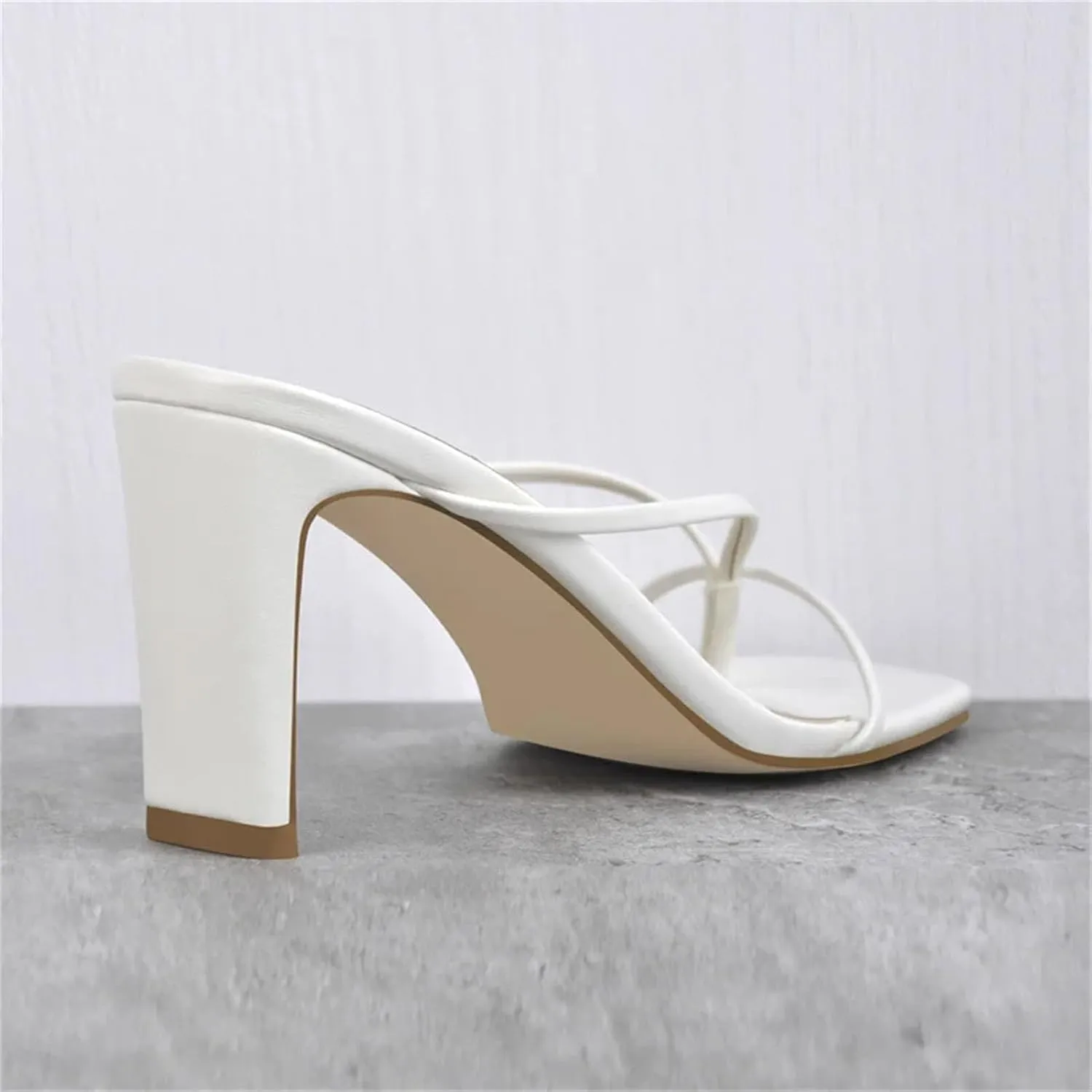 Women's Square Toe White Matte Chunky Sandals - Big Size Slip On High Heels
