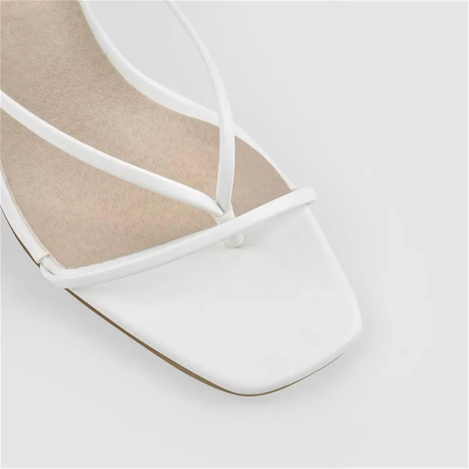 Women's Square Toe White Matte Chunky Sandals - Big Size Slip On High Heels