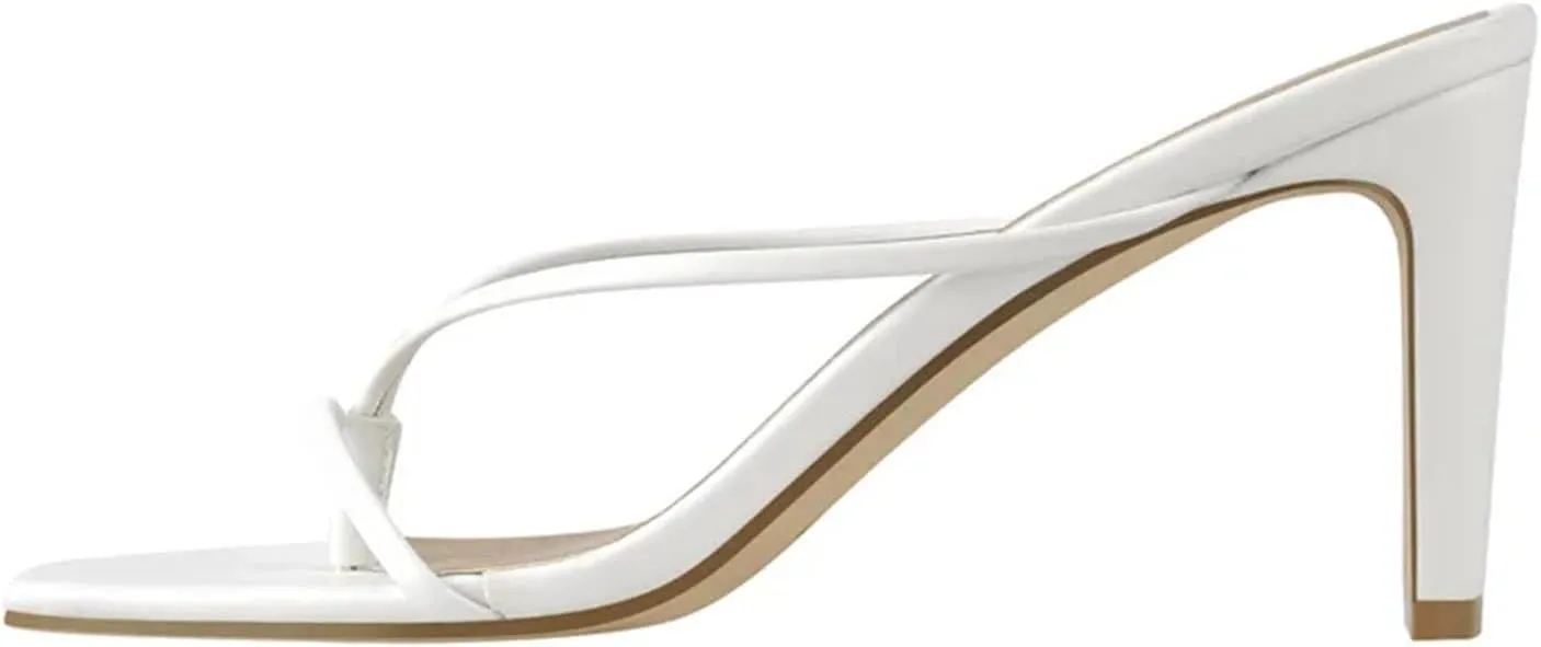 Women's Square Toe White Matte Chunky Sandals - Big Size Slip On High Heels