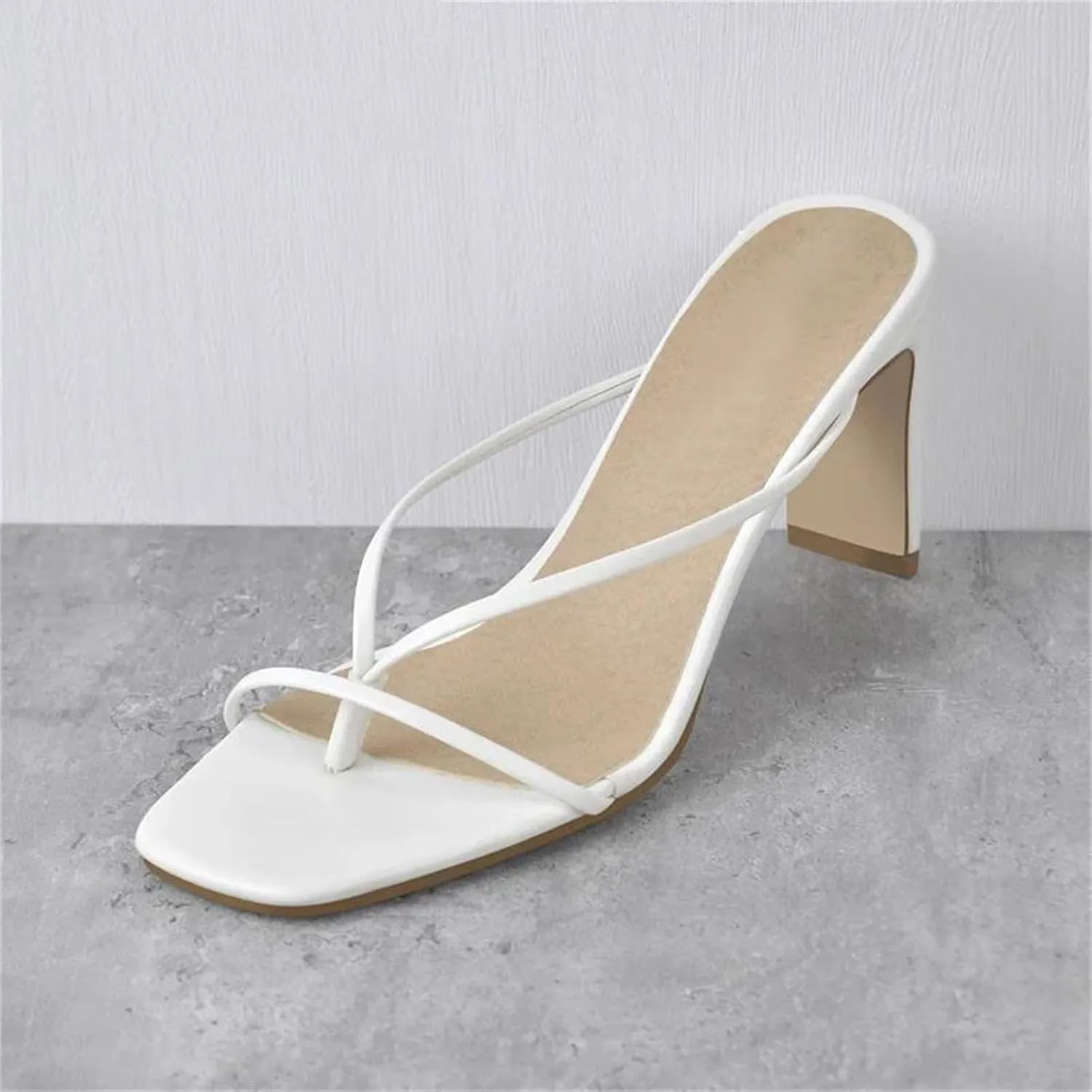 Women's Square Toe White Matte Chunky Sandals - Big Size Slip On High Heels
