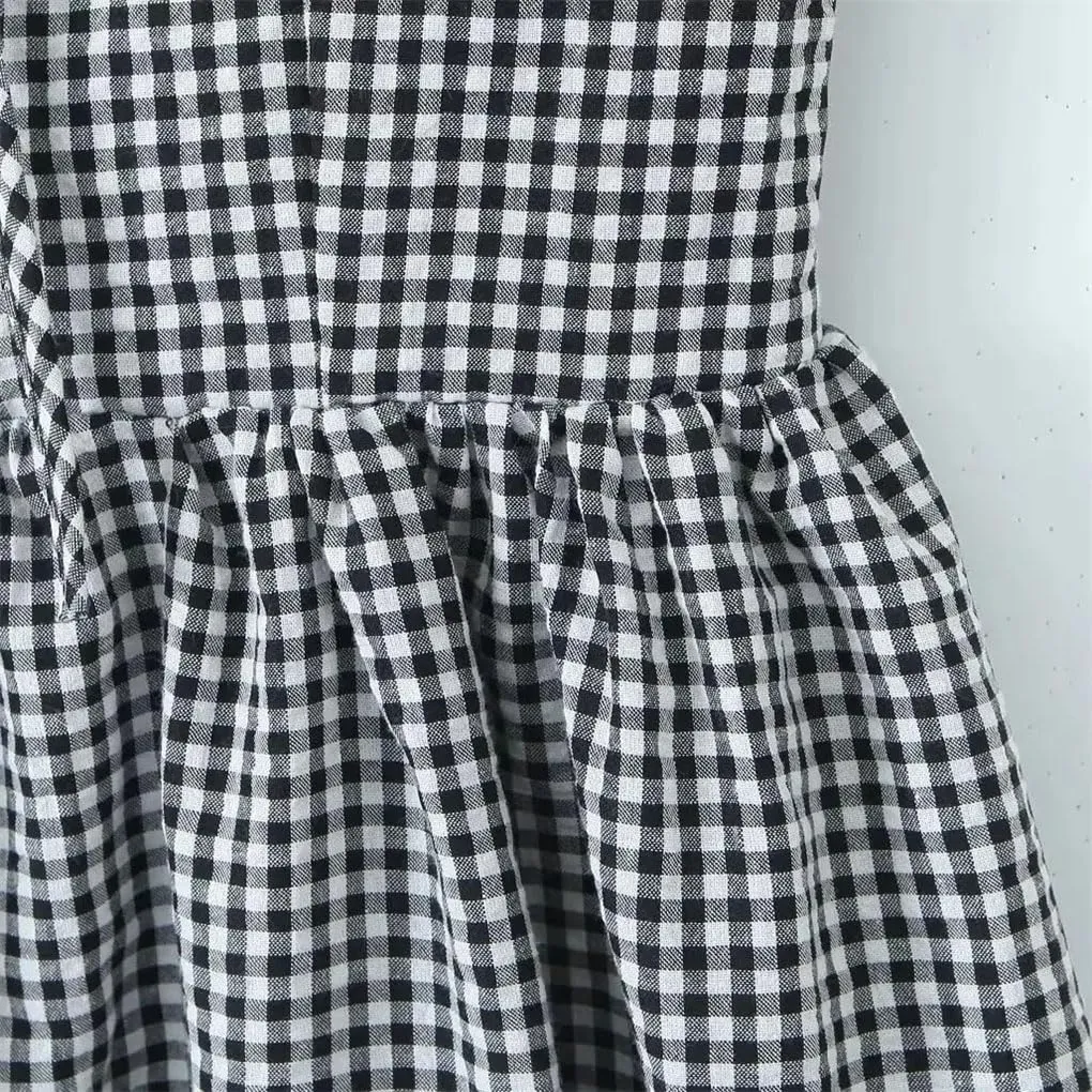 Women's Vintage Plaid Dress Spaghetti Strap Square Neck Backless Elastic Waist A-Line Dresses