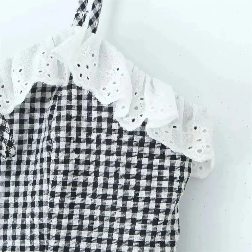 Women's Vintage Plaid Dress Spaghetti Strap Square Neck Backless Elastic Waist A-Line Dresses