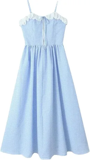 Women's Vintage Plaid Dress Spaghetti Strap Square Neck Backless Elastic Waist A-Line Dresses
