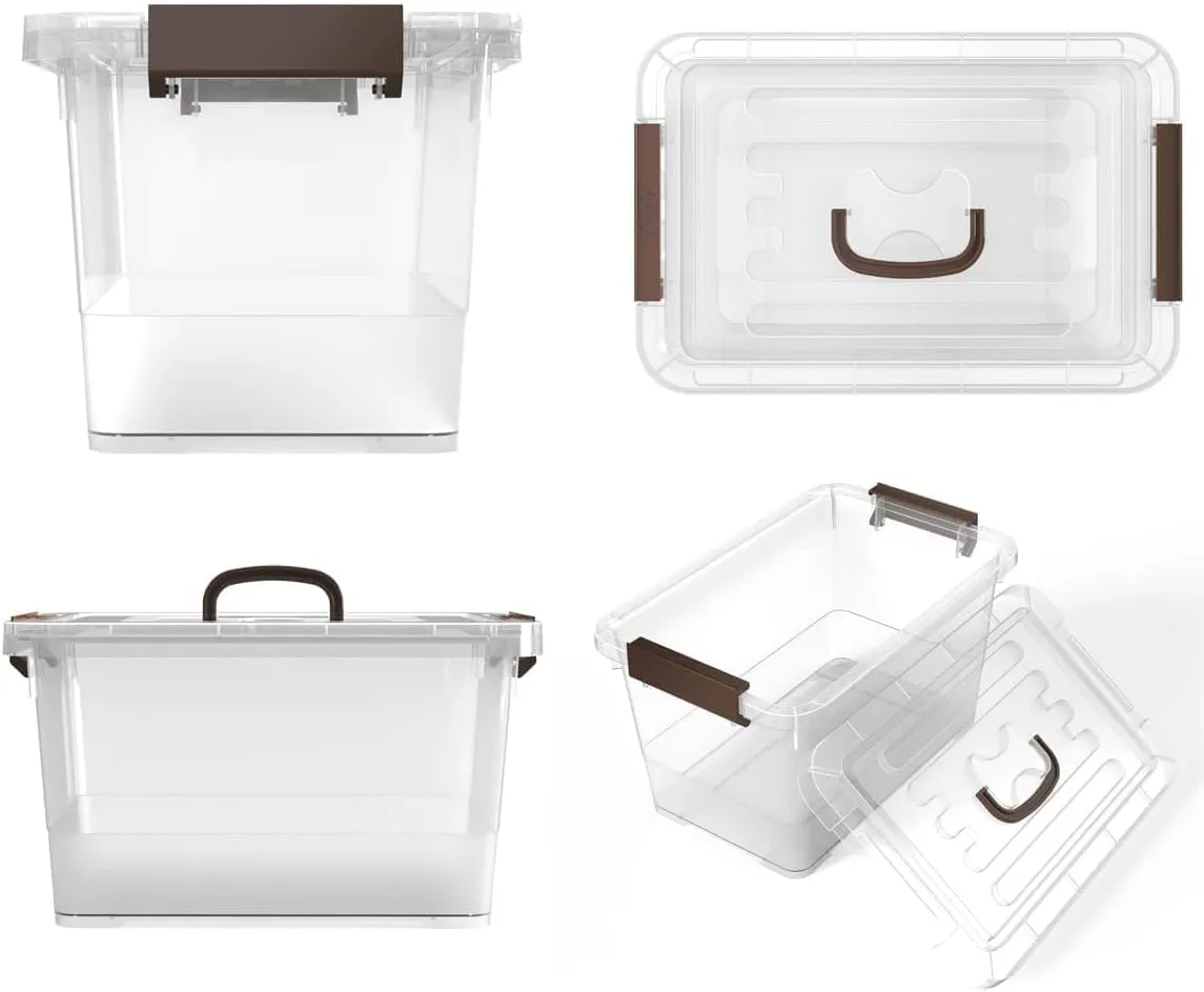 WYT 6-Pack Clear 7 Quart Storage Latch Box/Bins, Plastic Stackable Latching Box with Brown Handle and Lid, Multi-Purpose, 7 Litre