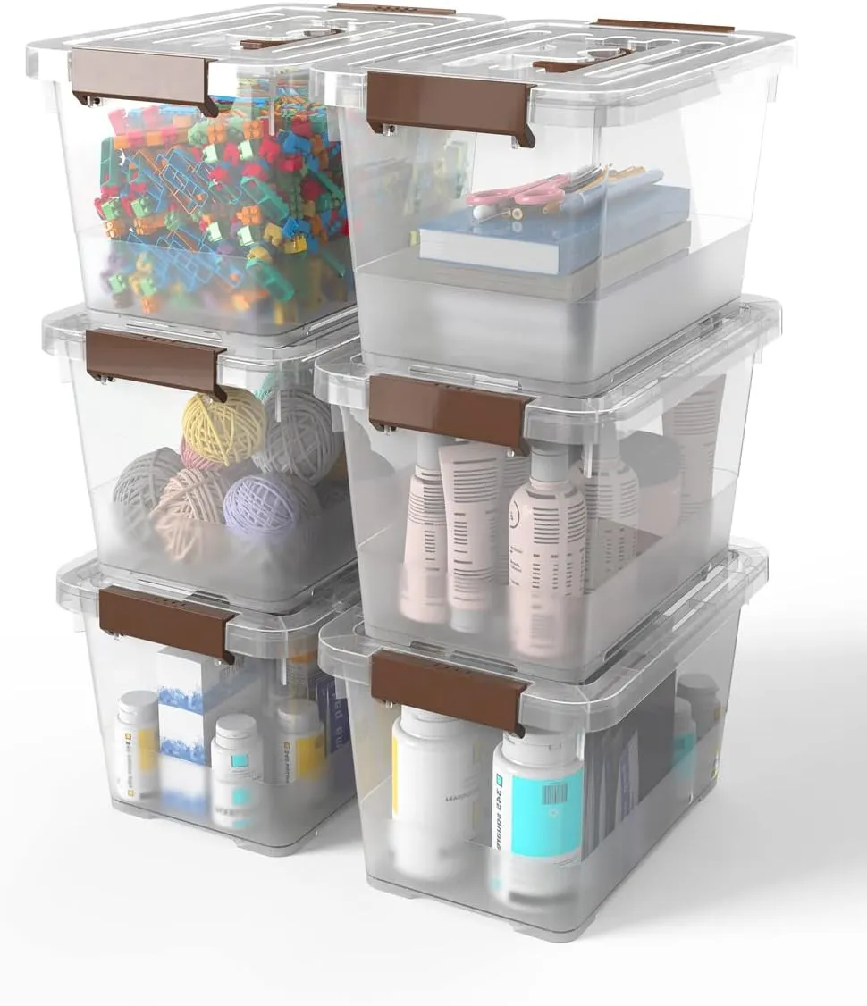 WYT 6-Pack Clear 7 Quart Storage Latch Box/Bins, Plastic Stackable Latching Box with Brown Handle and Lid, Multi-Purpose, 7 Litre