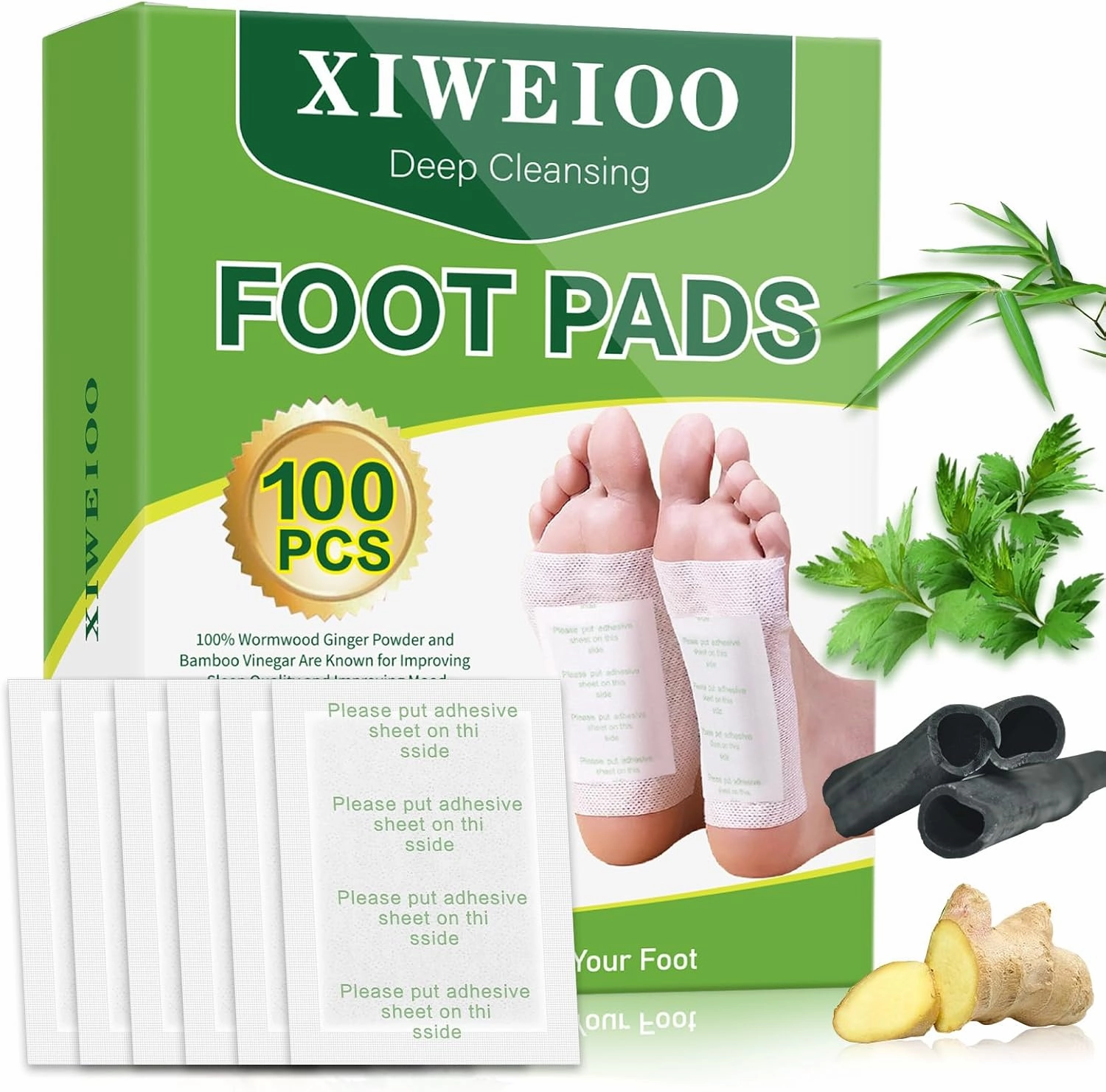 XIWEIOO100 Pack Foot Pads Paches,feet Deep Cleansing Bamboo Foot Paches, Ginger Foot Pads Foot Care Pads |Natural Bamboo Charcoal Ginger Oil Care Patch