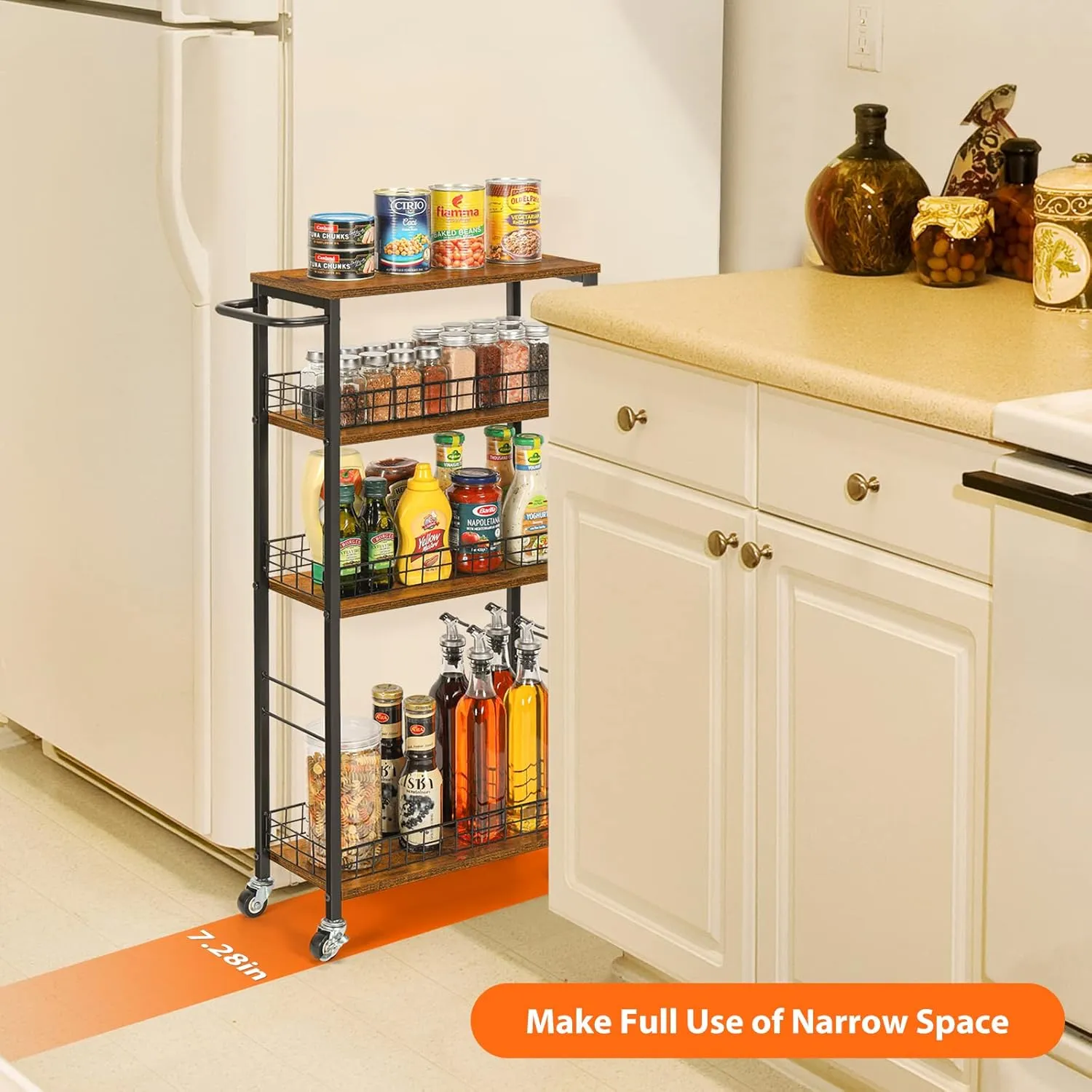 YBING Slim Storage Cart 4 Tier Narrow Kitchen Rolling Cart with Wooden Tabletop Mobile Utility Stand on Wheels for Bathroom Laundry Narrow Places Rustic Brown 16.5''L X 7.3''W X 34.6''H