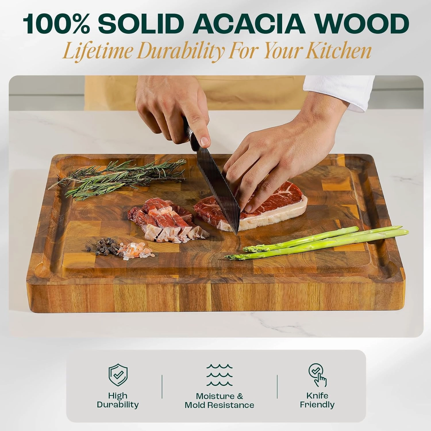 Yes4All Durable Acacia Cutting Boards for Kitchen, [20''Lx15''Wx1.5” Thick] Large End Grain Cutting Board, Pre Oiled Wood Cutting Boards, Thick Chopping Board w/Juice Grooves and Easy Grip Handle