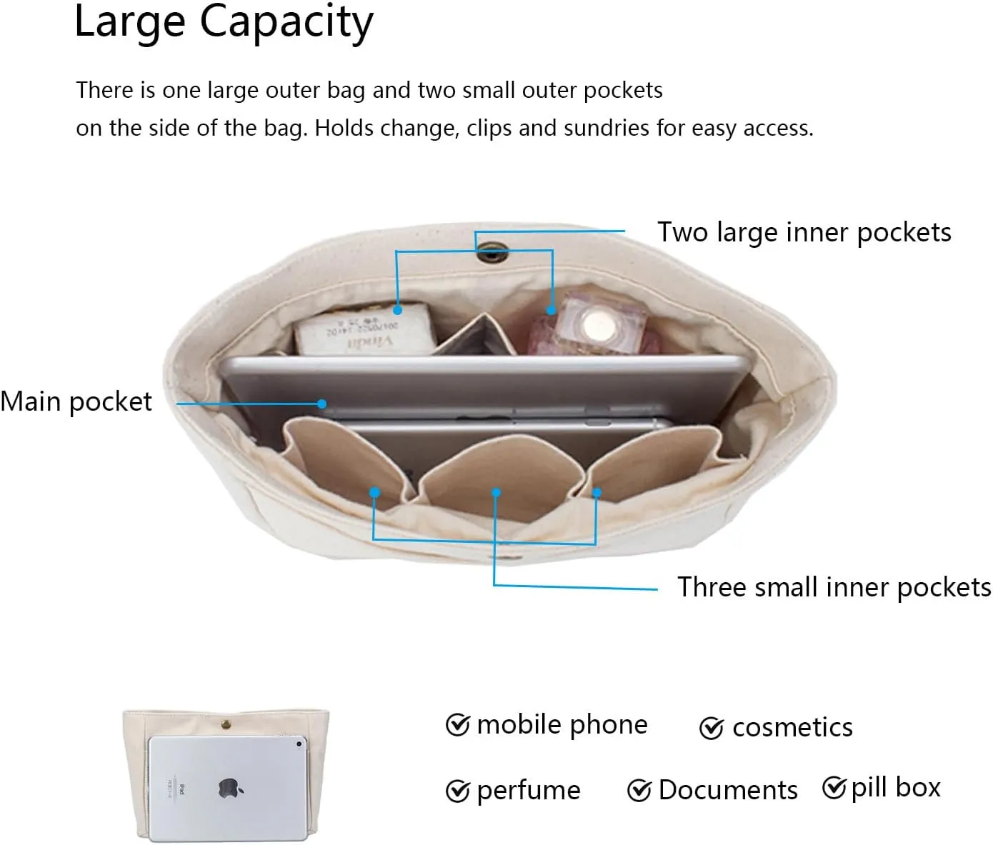 YONEBN waterproof Storage Bag Lightweight Large Capacity nylon Bag Inner Bag Handbag Organizer