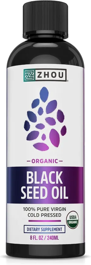 Zhou Organic Black Seed Oil - Black Cumin Seed Oil Cold Pressed, Nigella Sativa, Pure Unrefined Blackseed Liquid, Premium Supplement for Health with Thymoquinone, Omega 3 6 9 - 8 Fl Oz (Pack of 1)
