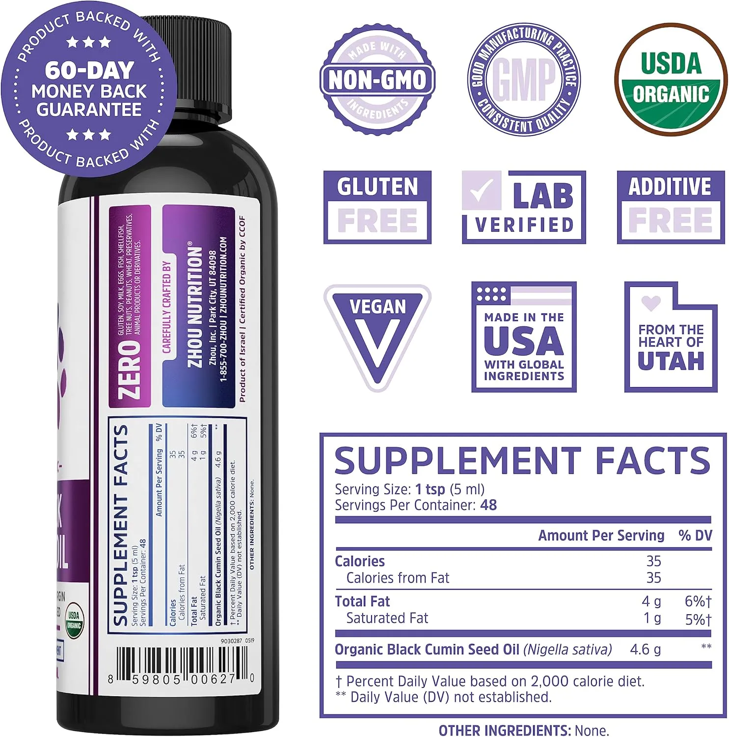 Zhou Organic Black Seed Oil - Black Cumin Seed Oil Cold Pressed, Nigella Sativa, Pure Unrefined Blackseed Liquid, Premium Supplement for Health with Thymoquinone, Omega 3 6 9 - 8 Fl Oz (Pack of 1)