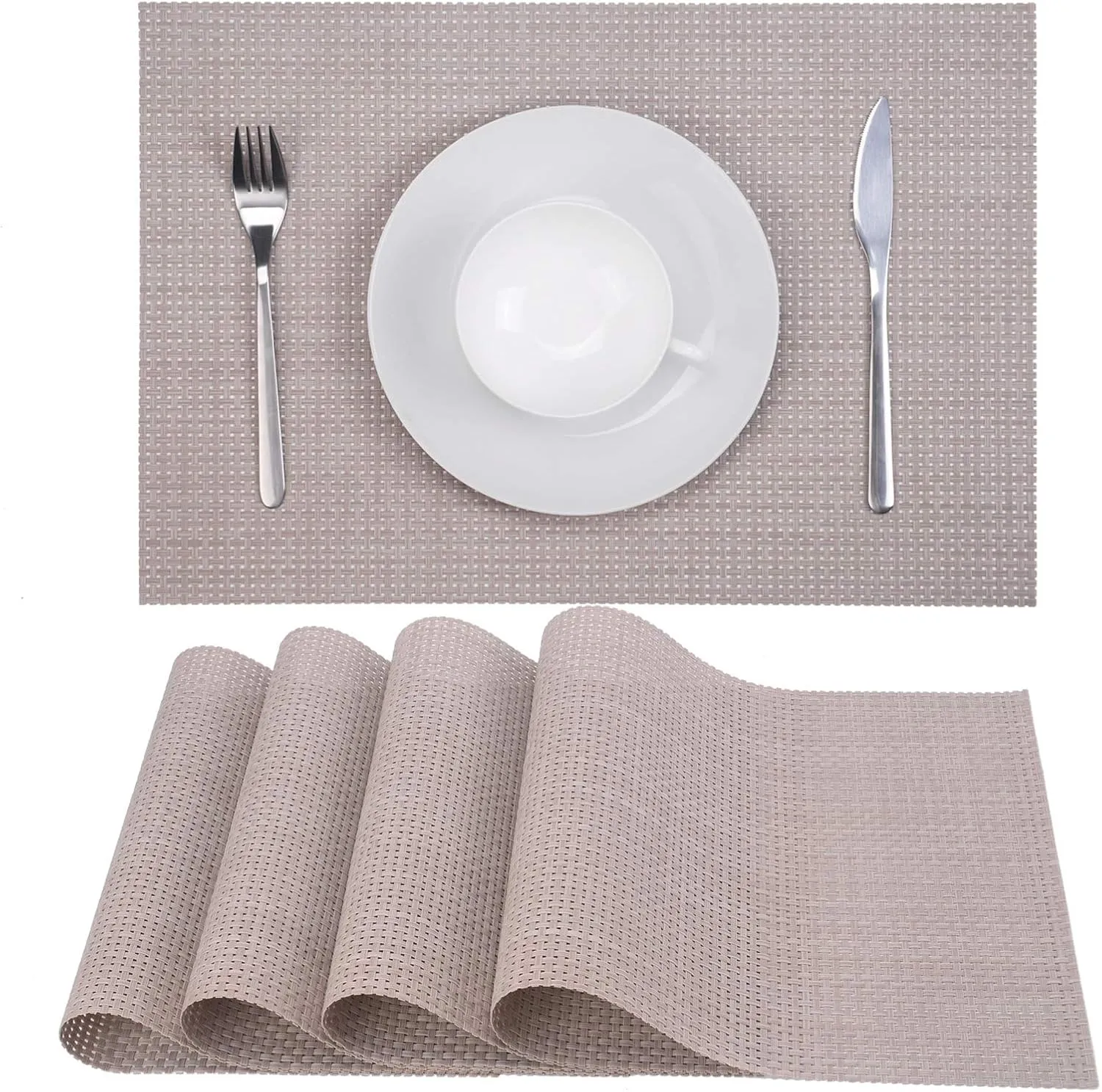 Zupro Placemats Set of 4 Washable Heat-Resistant Non Slip Braided Table Mats Woven PVC Vinyl Kitchen Place Mats for Everyday use or Dinner Parties BBQs Indoor and Ourdoor Use.18"x12"(Beige)